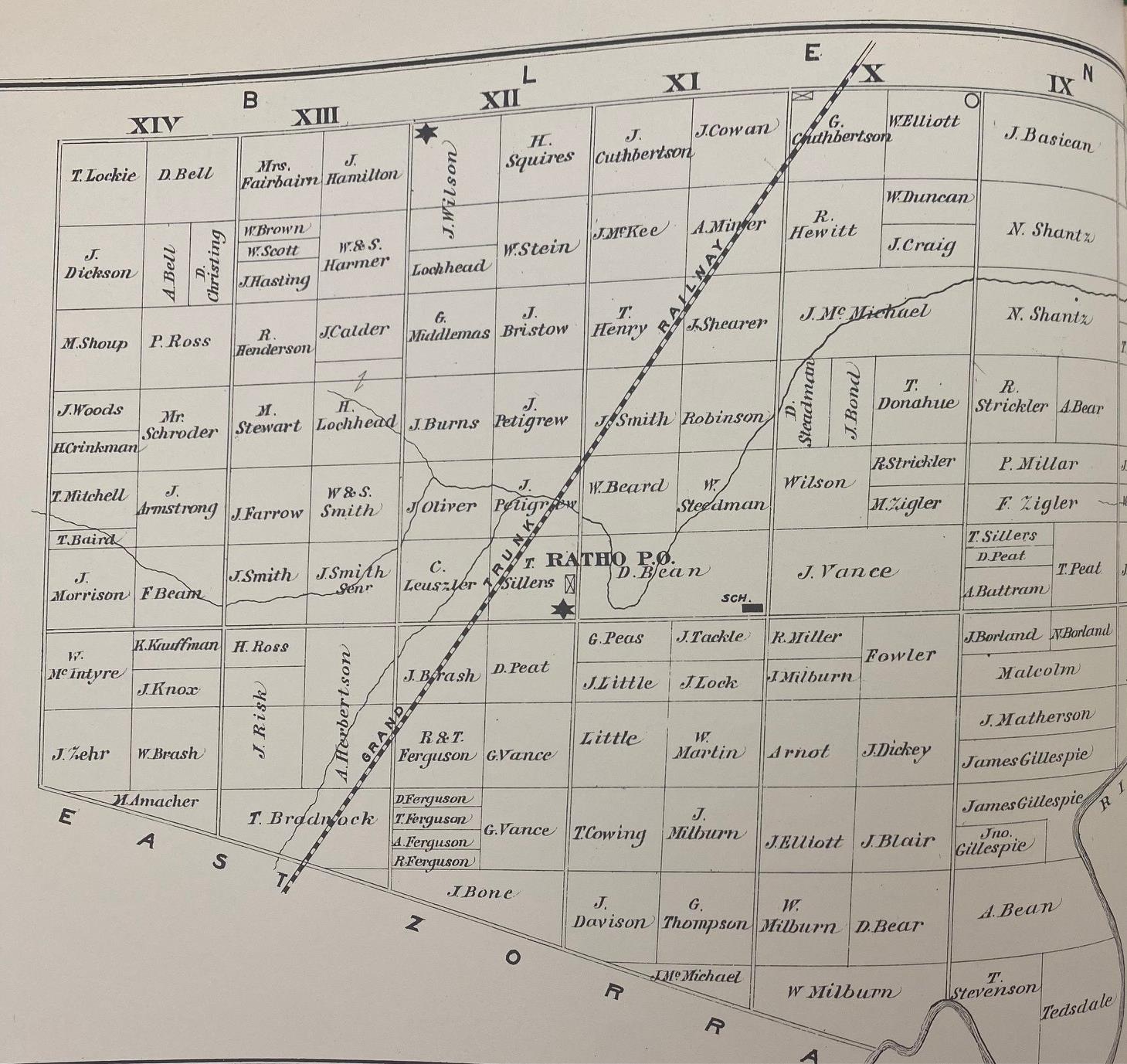 An image of the village of Ratho on a map in a historical atlas.