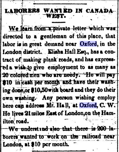 An article from the Fugitive Voice titled: "Laborers wanted in Canada West".