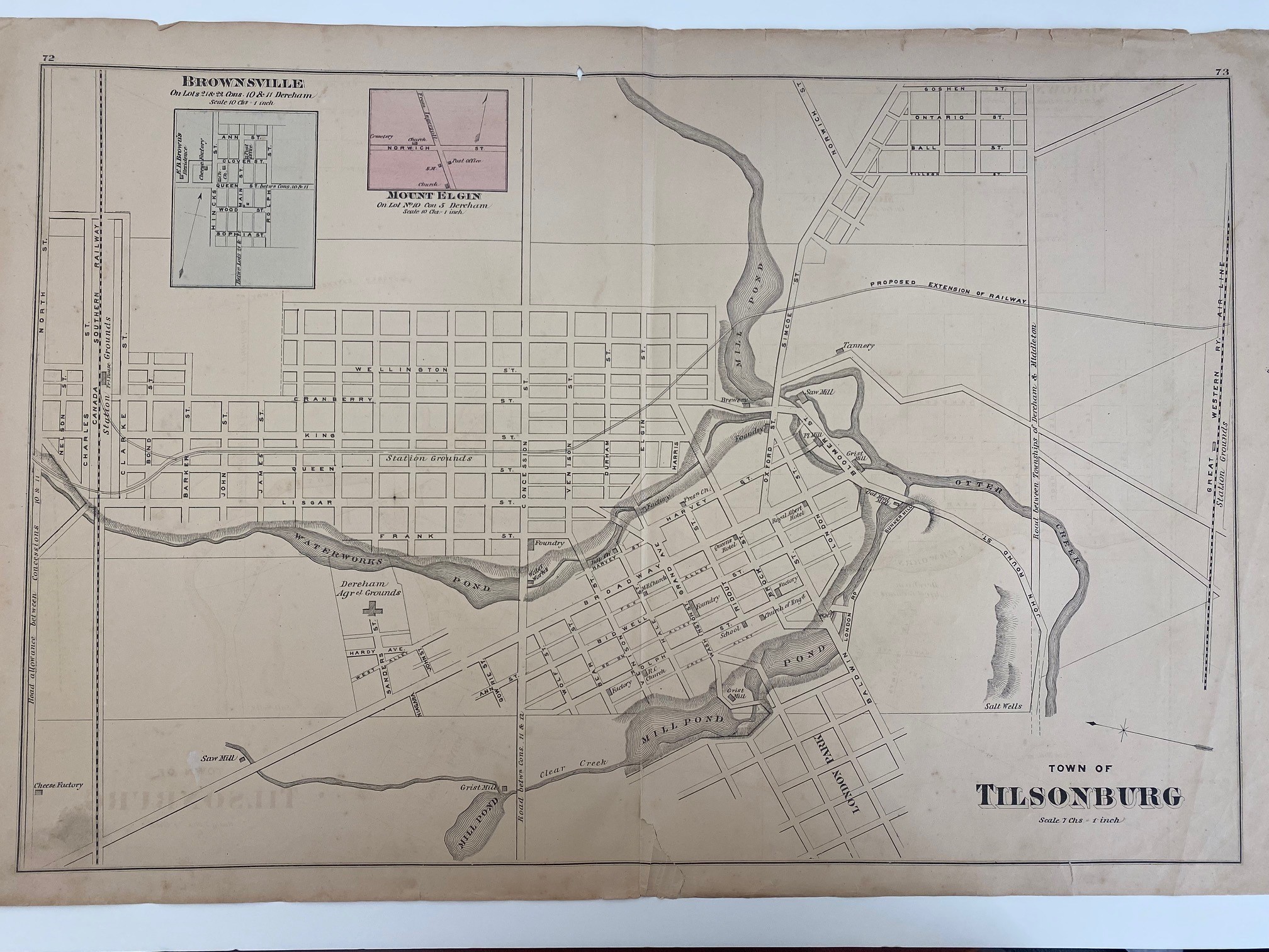 A map of Tillsonburg from 1874, shows Tillsonburg's streets, Otter Creek, the mill ponds, and the railway.