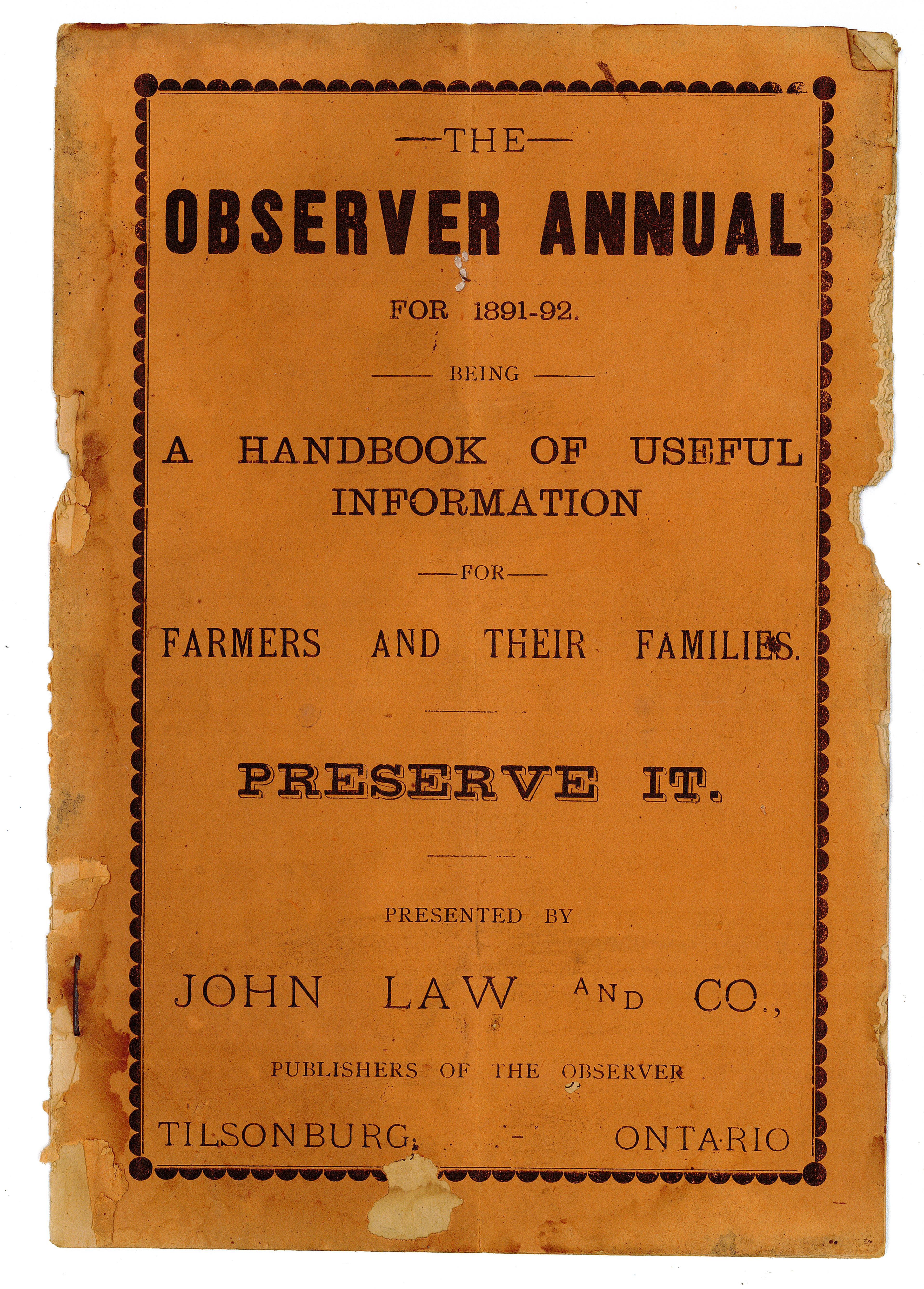 The Observer Annual for 1891-92, handbook of useful information. Printed on orange paper. "For farmers and their families."