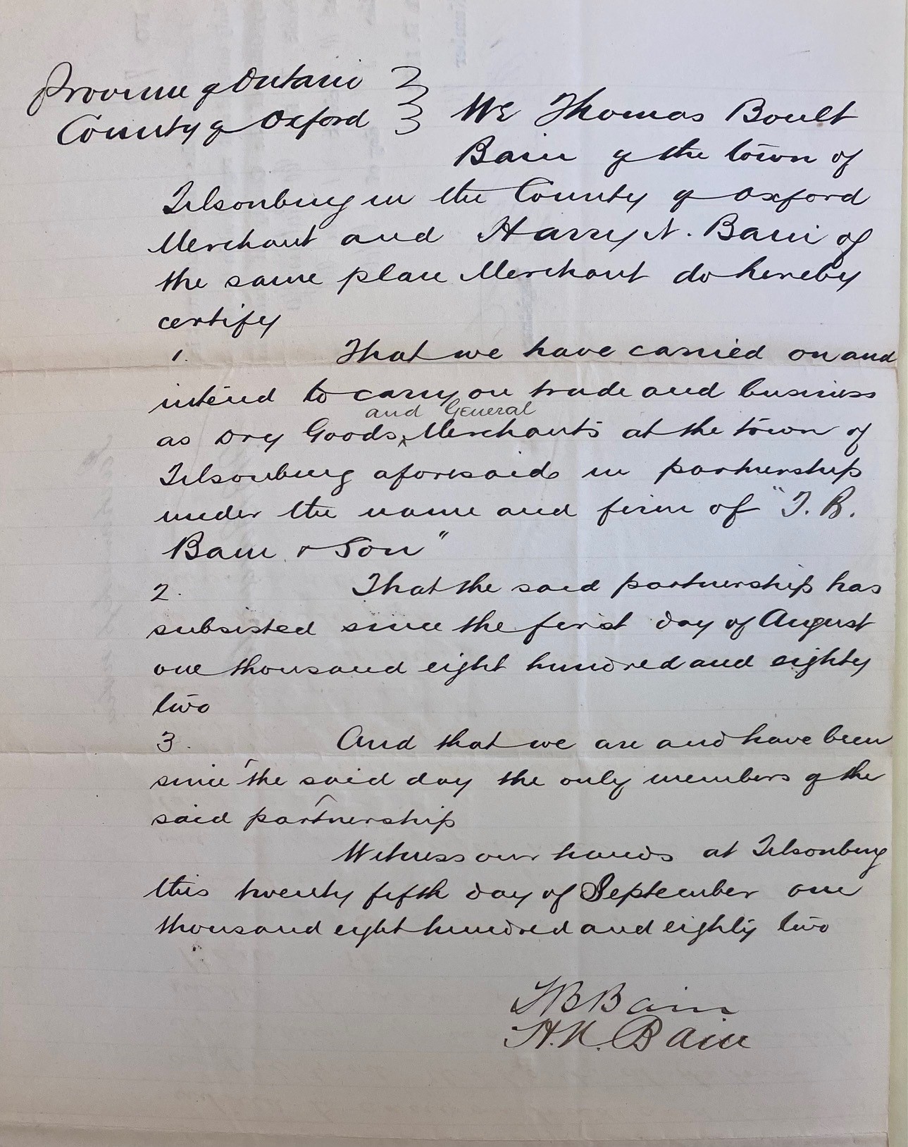 Handwritten declaration of partnership for T.B. Bain & Son of Tillsonburg.