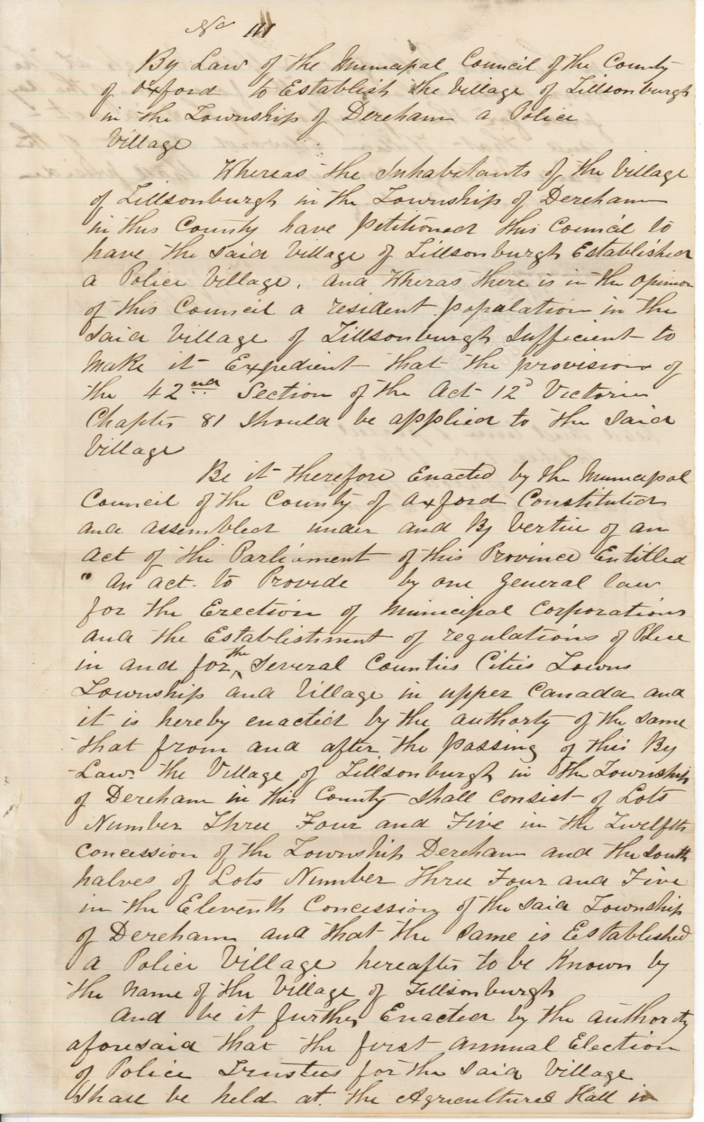 By-law number 111 to establish Tillsonburg as a police village. Handwritten on paper.