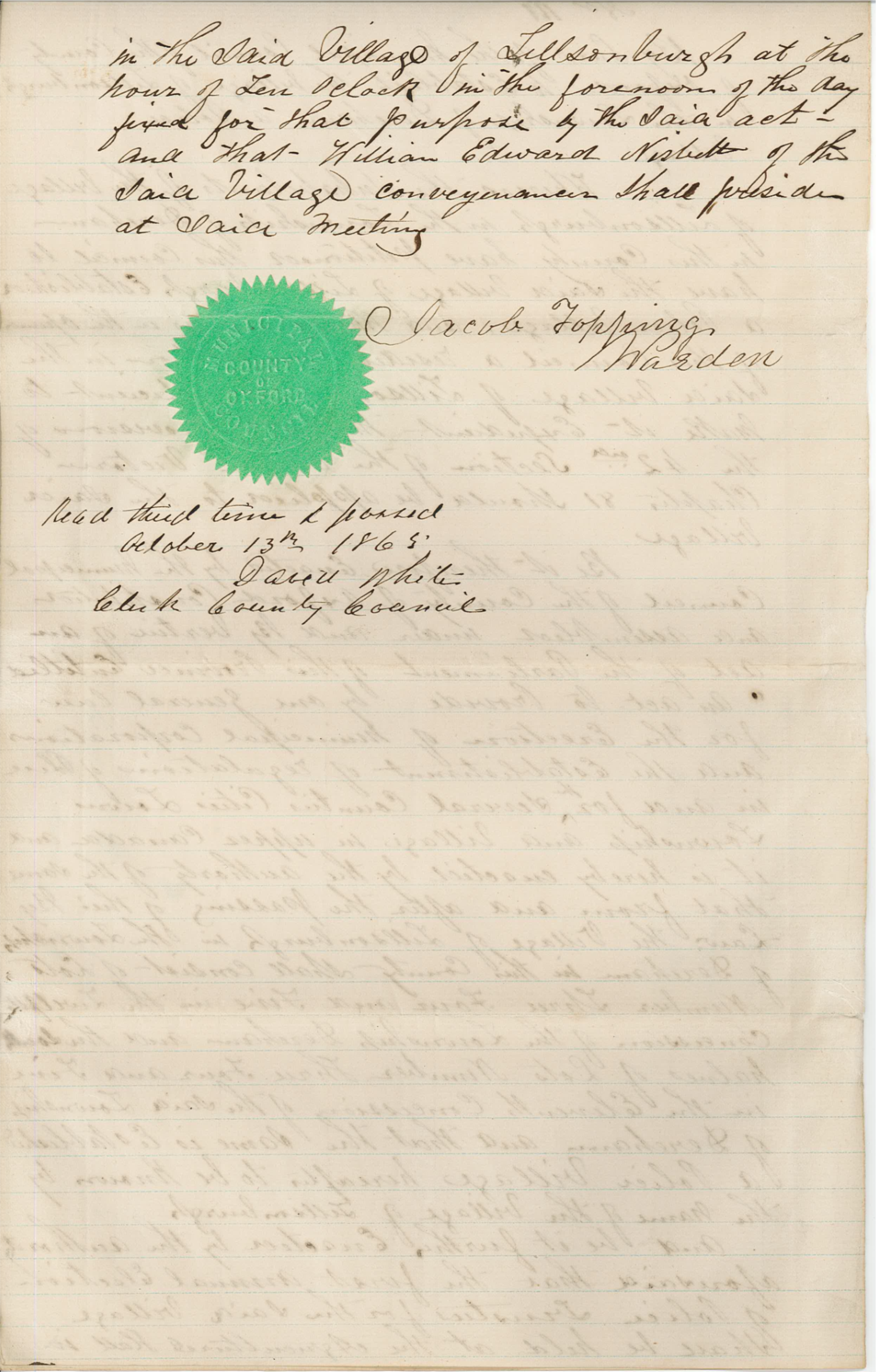 By-law number 111 for Tillsonburg, establishing Tillsonburg as a police village. Handwritten on paper, a green seal stamped on the paper.