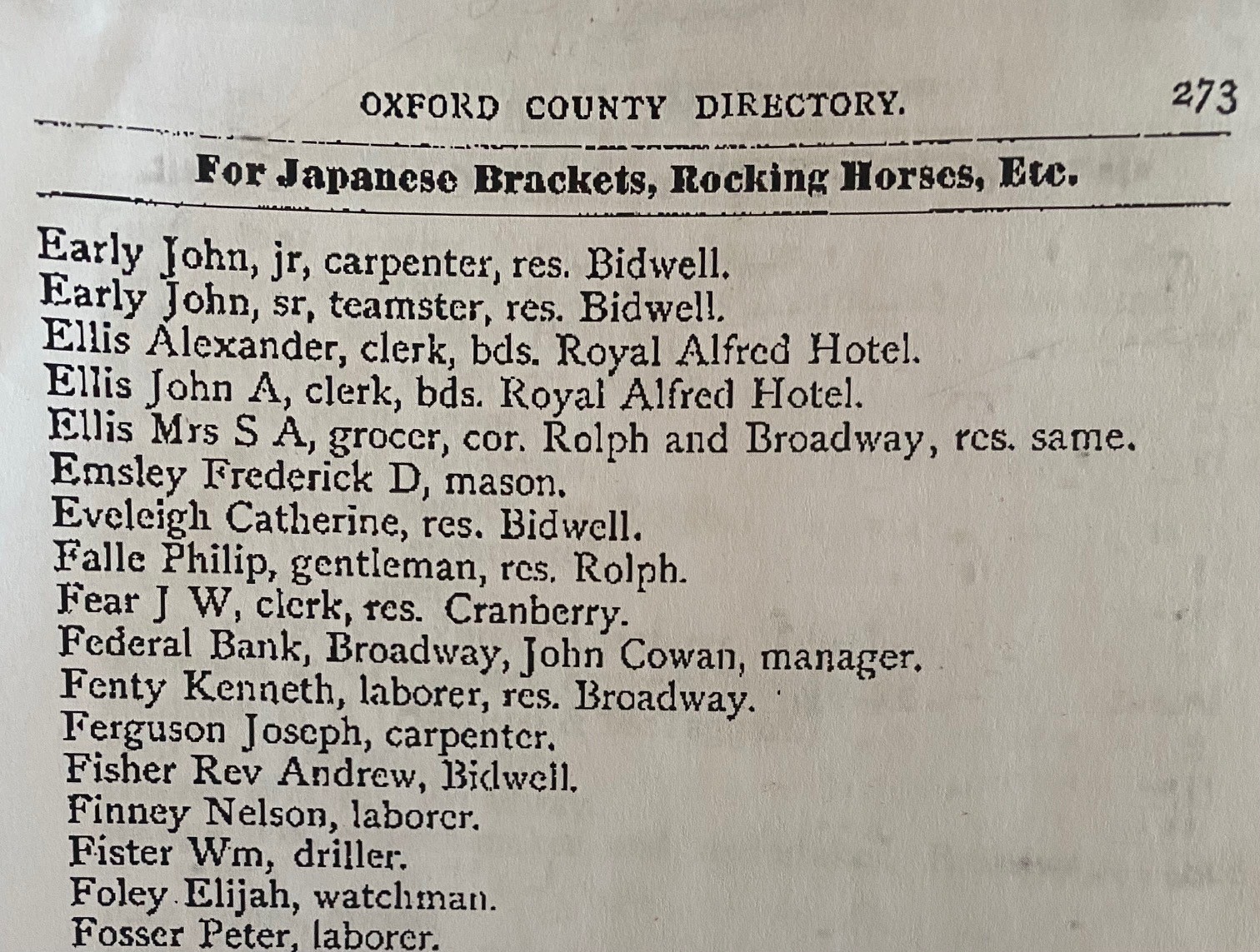 1881 directory listing for  "Mrs. S.A. Ellis, grocer at the corner of Rolph and Broadway."