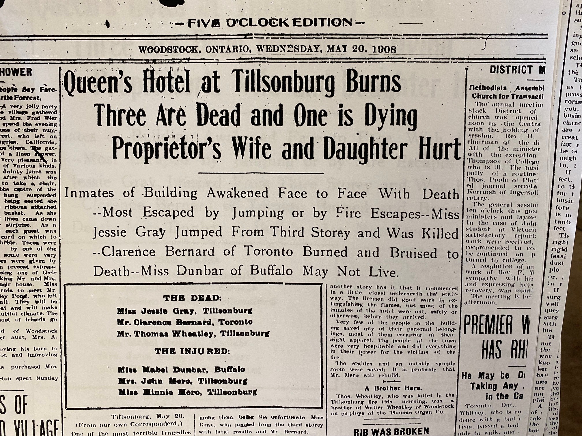 Newspaper clipping, headline reads: "Queen's Hotel at Tillsonburg Burns. Three Are Dead and One is Dying. Proprietor's Wife and Daughter Hurt." Subheading reads: "Inmates of building awakened face to face with death. Most escaped by jumping or fire escapes. Miss Jessie Gray jumped from third storey and was killed. Clarence Bernard of Toronto burned and bruised to death. Miss Dunbar of Buffalo may not live."