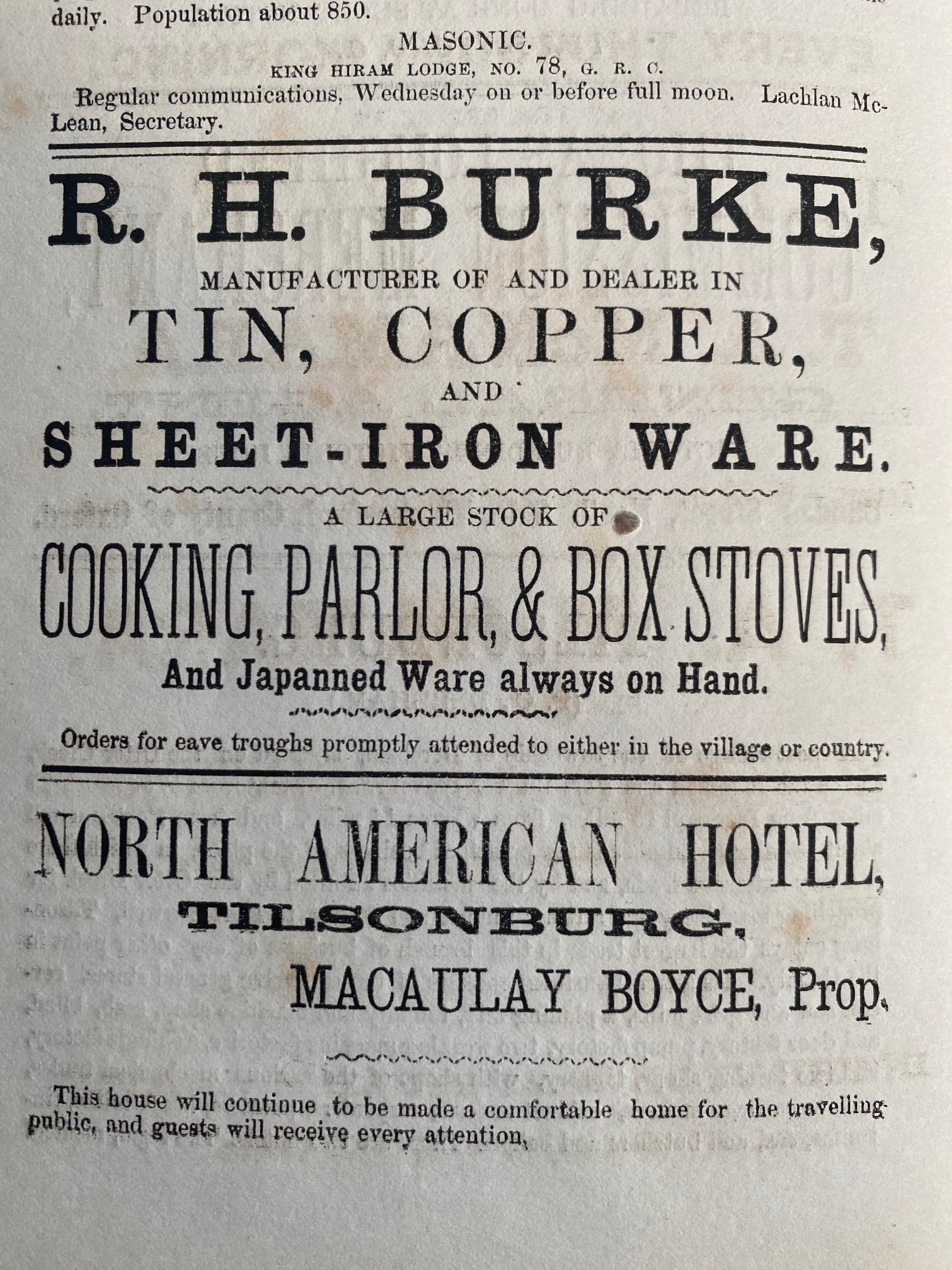 Advertisement for the North American Hotel. "This house will continue to be made a comfortable home for the travelling public, and guests will receive every attention."