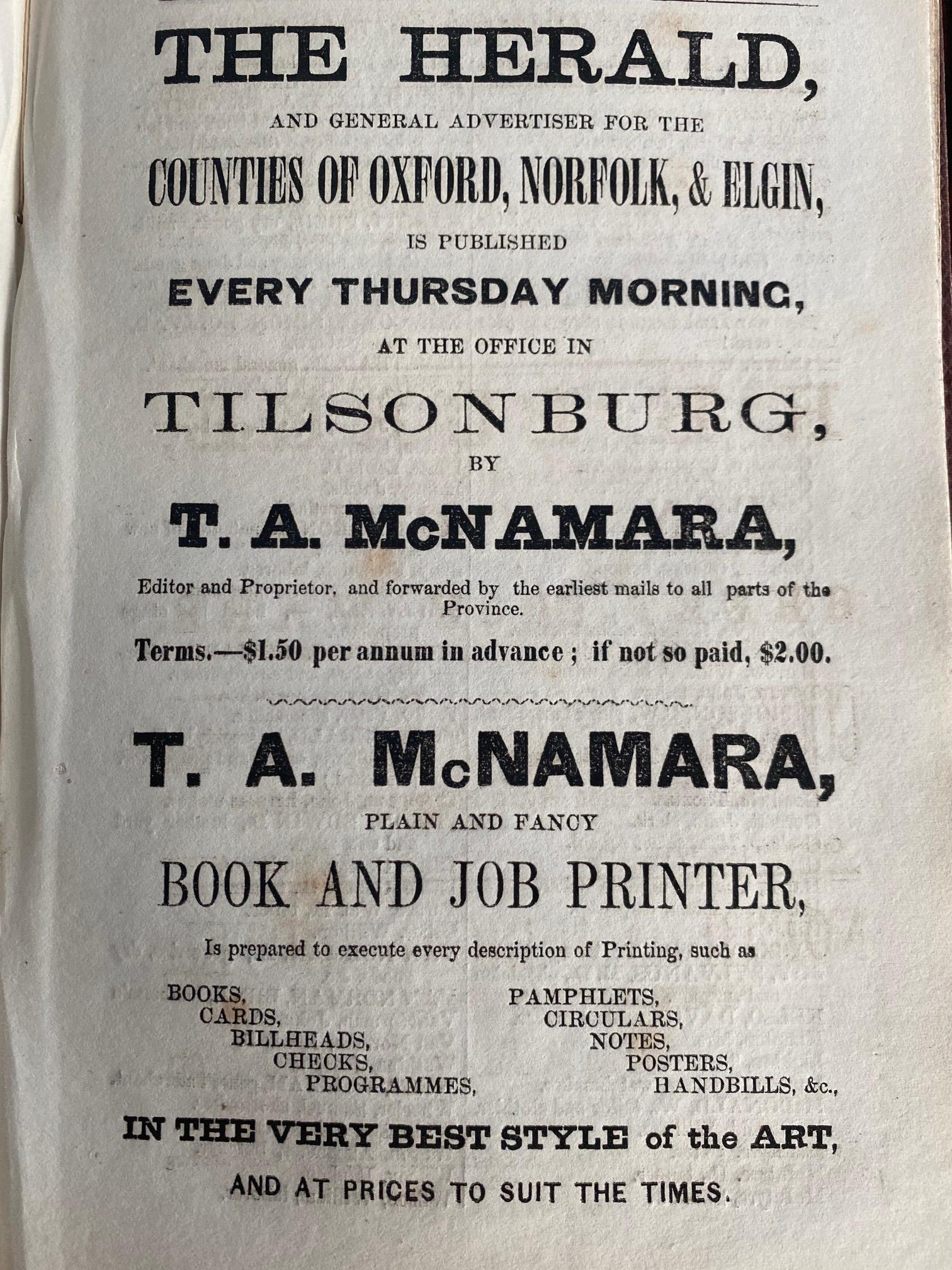 Advertisement for The Herald newspaper, "published every Thursday morning at the office in Tillsonburg by T.A. McNamara."