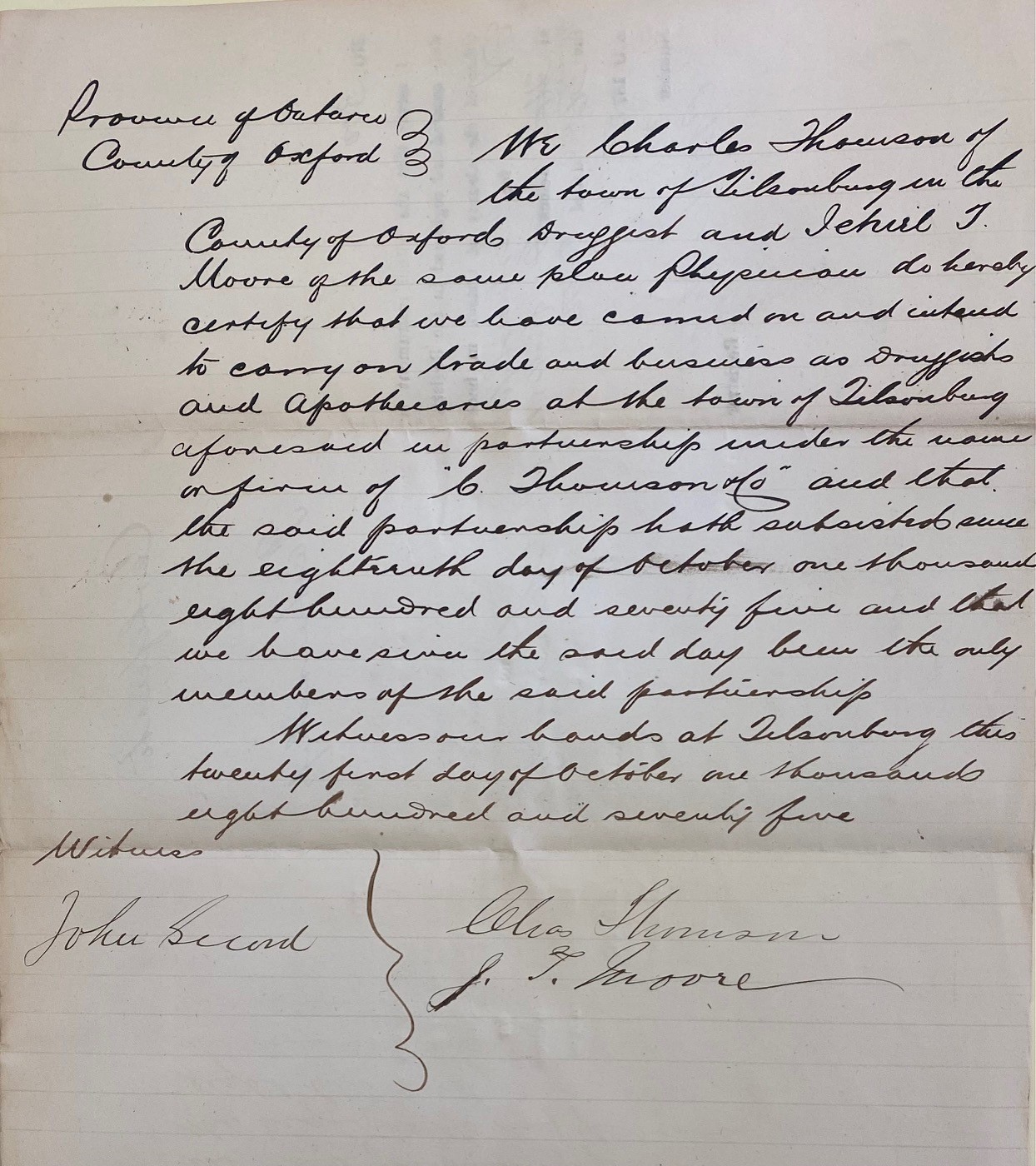 Handwritten declaration of partnership for Thomson & Co. of Tillsonburg.